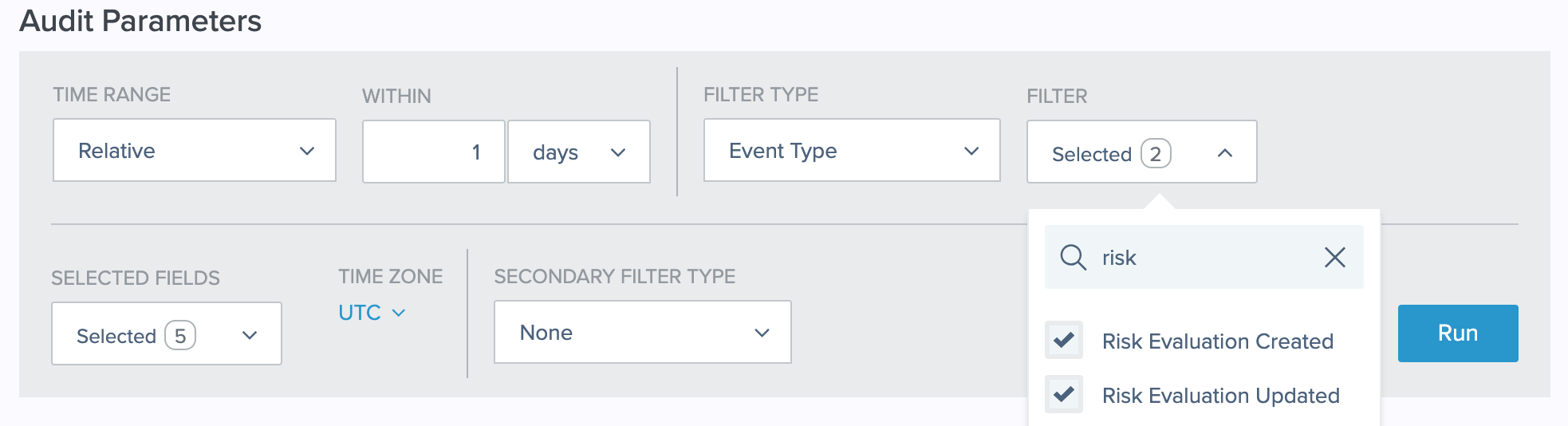 A screen capture of the Audit Parameters page with 