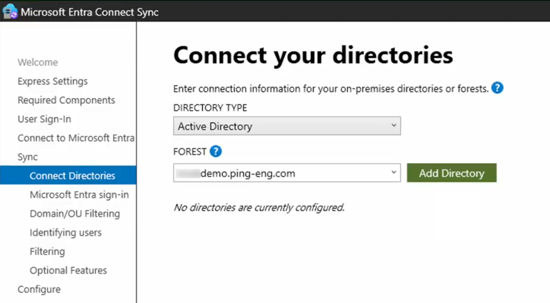 A screen capture of the Entra Connect Sync installation program - Connect your directories step.