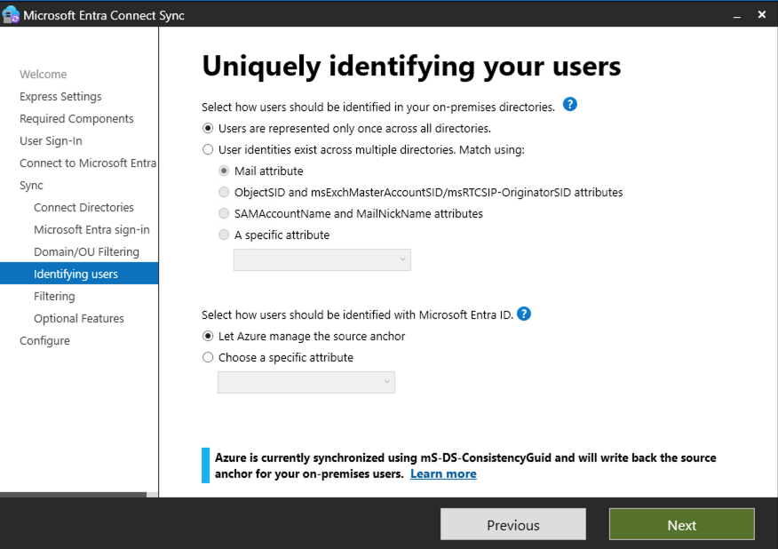A screen capture of the Entra Connect Sync installation program - Identifying users step.
