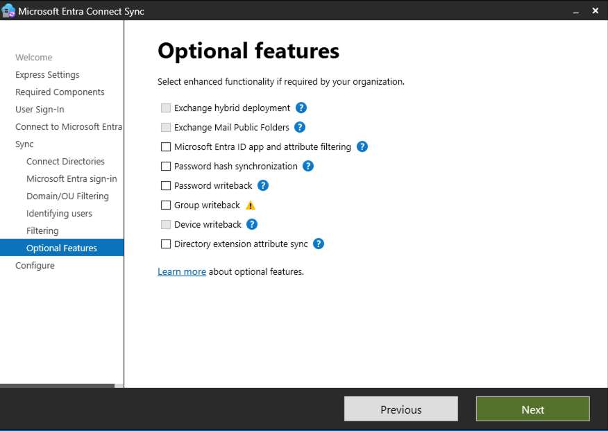 A screen capture of the Entra Connect Sync installation program - Optional features step.