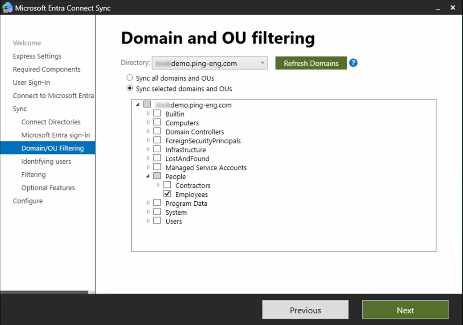 A screen capture of the Entra Connect Sync installation program - Domain and OU filtering step.