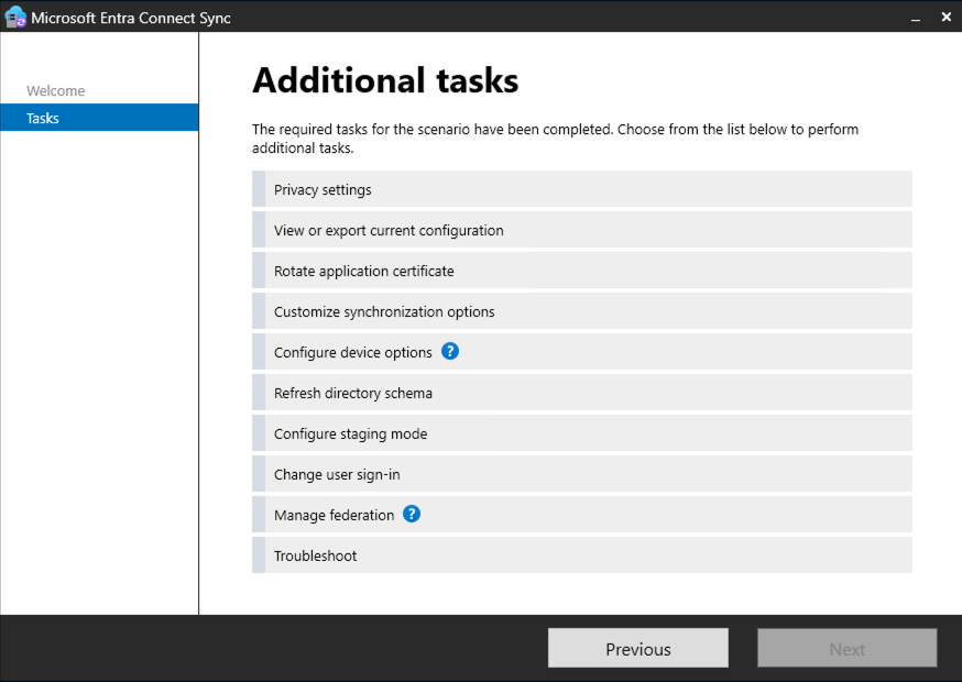 A screen capture of the Entra Connect Sync installation program - Additional tasks step.