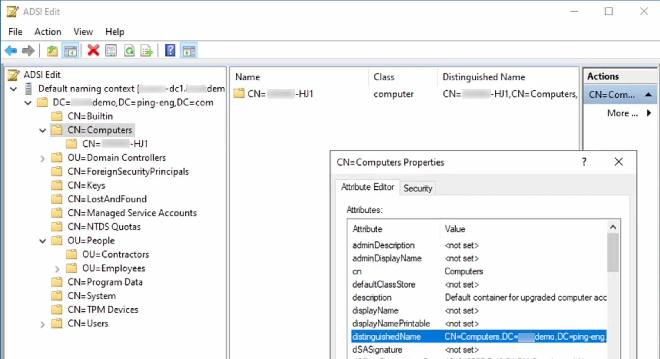 A screenshot of ADSI Edit with the distinguishedName attribute selected.