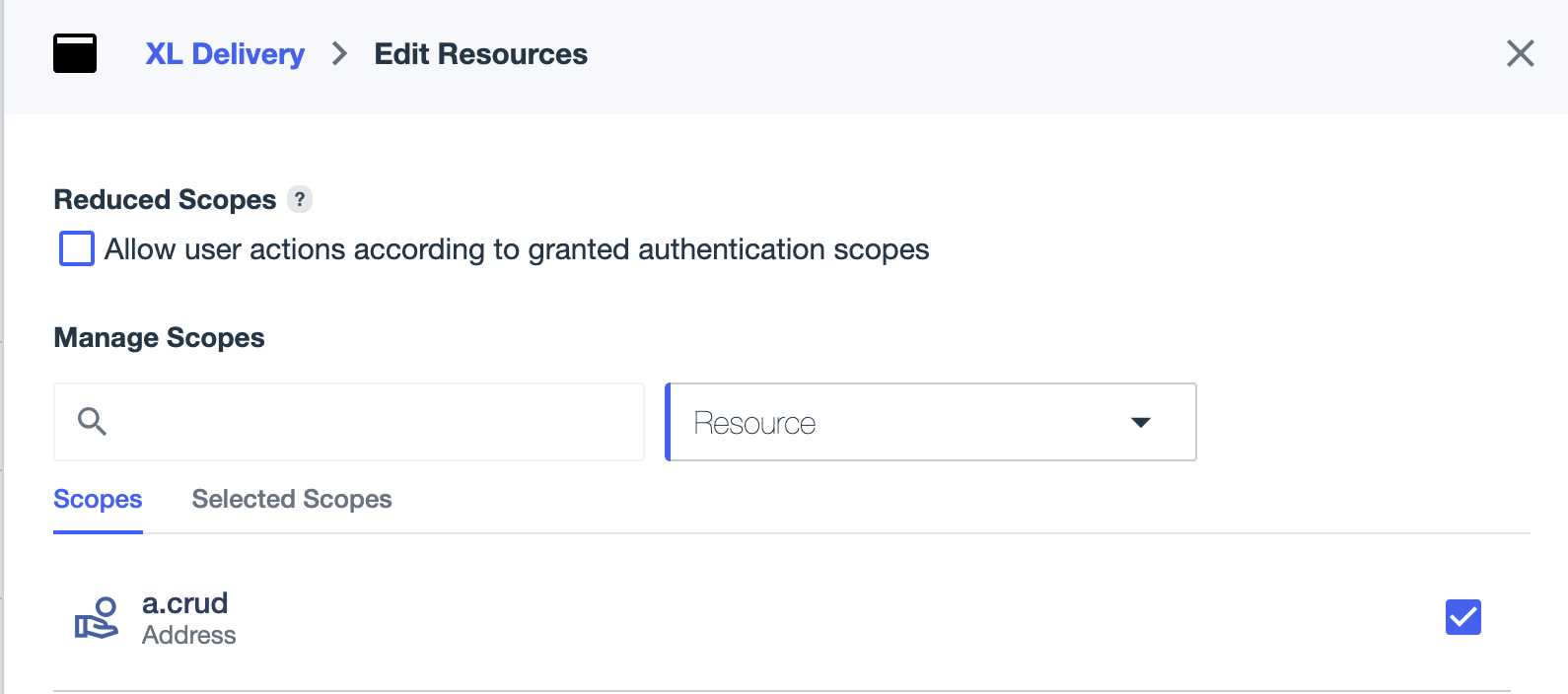 A screenshot of assigning the Address custom resource to the XL Delivery application.