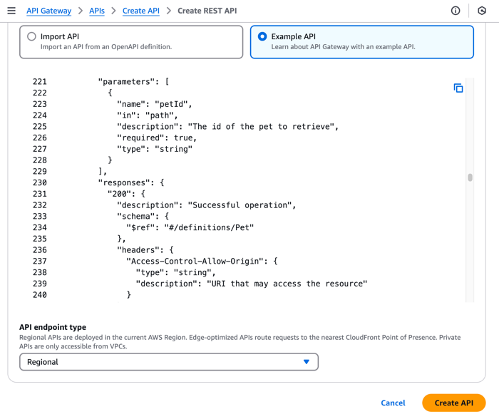 A screen capture of the Create REST API page.