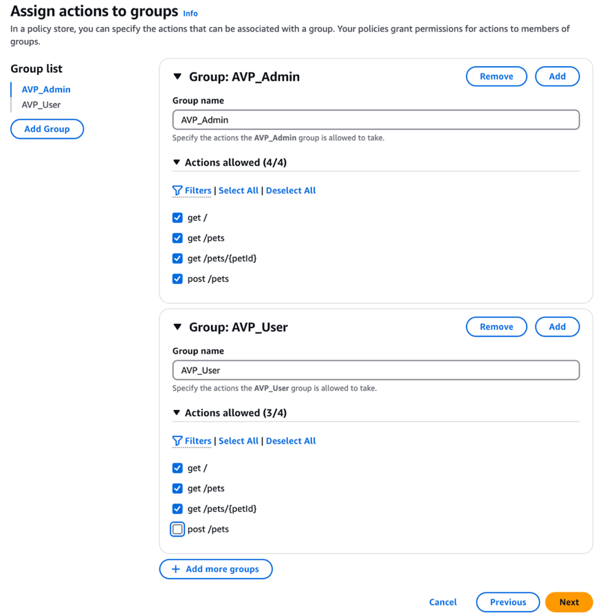 A screen capture of the Assign actions to groups page completed with the AVP_Admin and AVP_User groups as described in the previous steps.