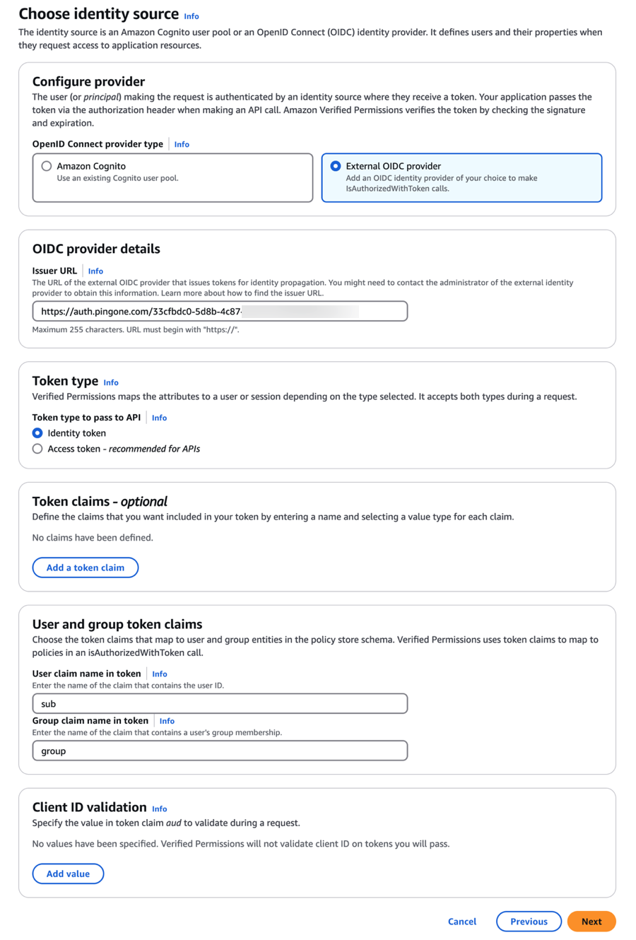 A screen capture of the Choose identiy source page with the selections form the previous steps.