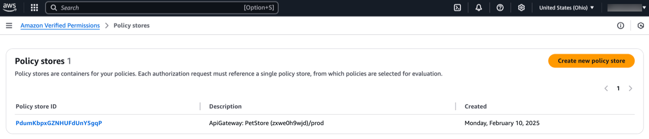 A screen capture of the policy stoe you created displayed in the AWS console.