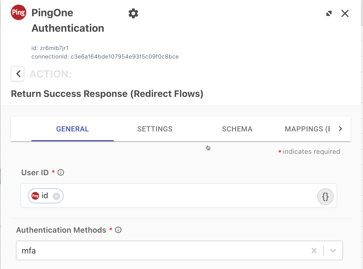 A screen capture of the PingOne Authentication - Return Success Response node configuration settings.