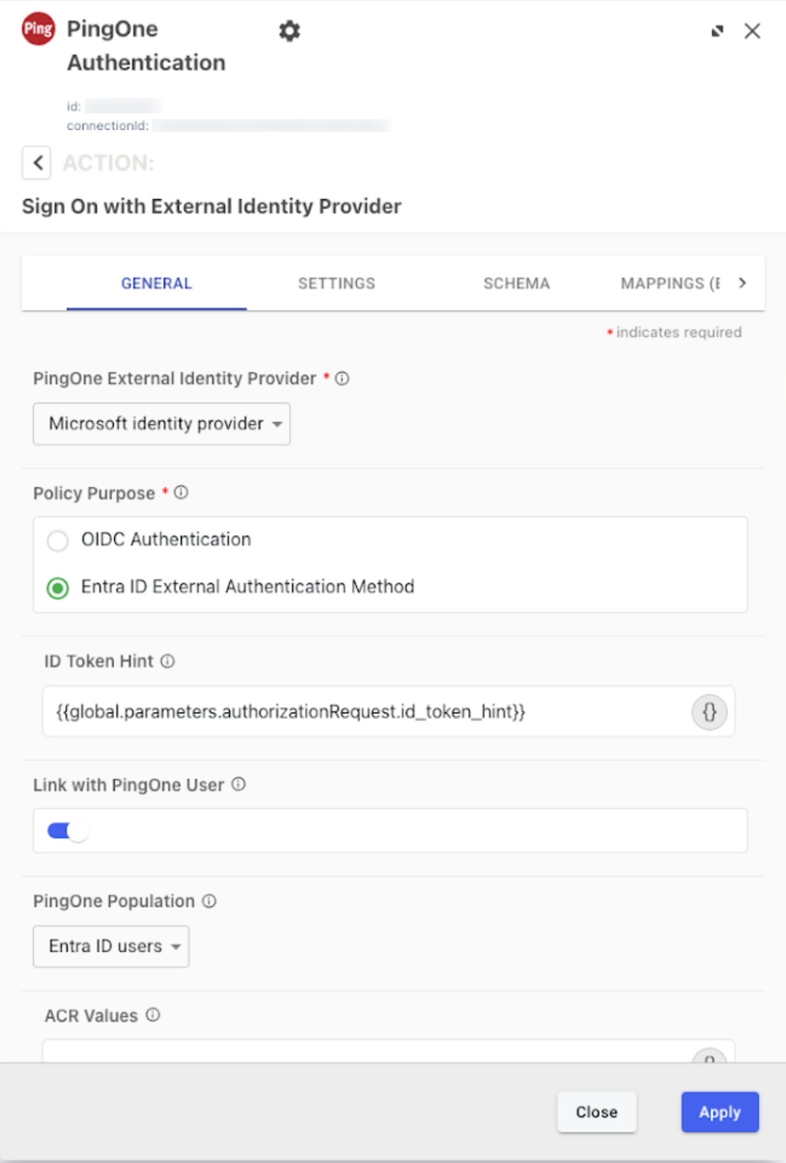 A screen capture of the PingOne Authentication - Sign On with External Identity Provider node configuration settings.