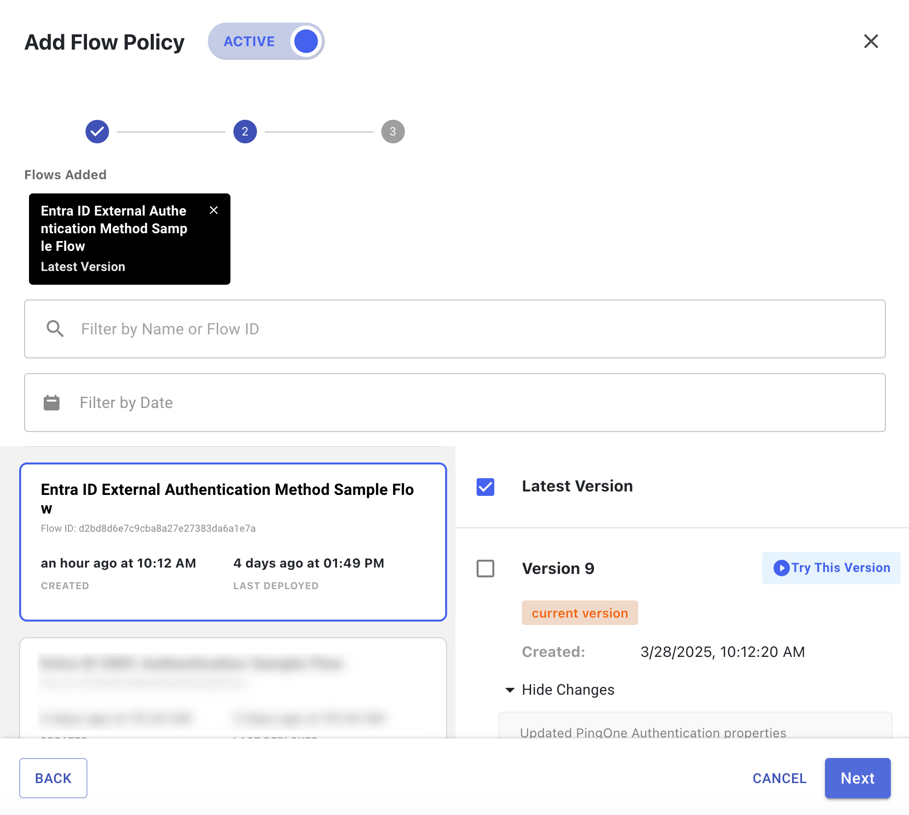 A screen capture of the Add FLow Policy modal with Entra ID EAM Sample Flow and Latest Version selected.