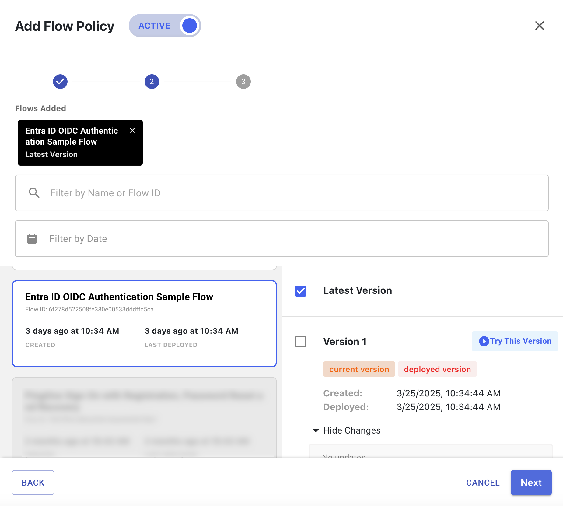 A screen capture of the Add Flow Policy modal with Entra ID OIDC Authentication Sample Flow and Latest Version selected.