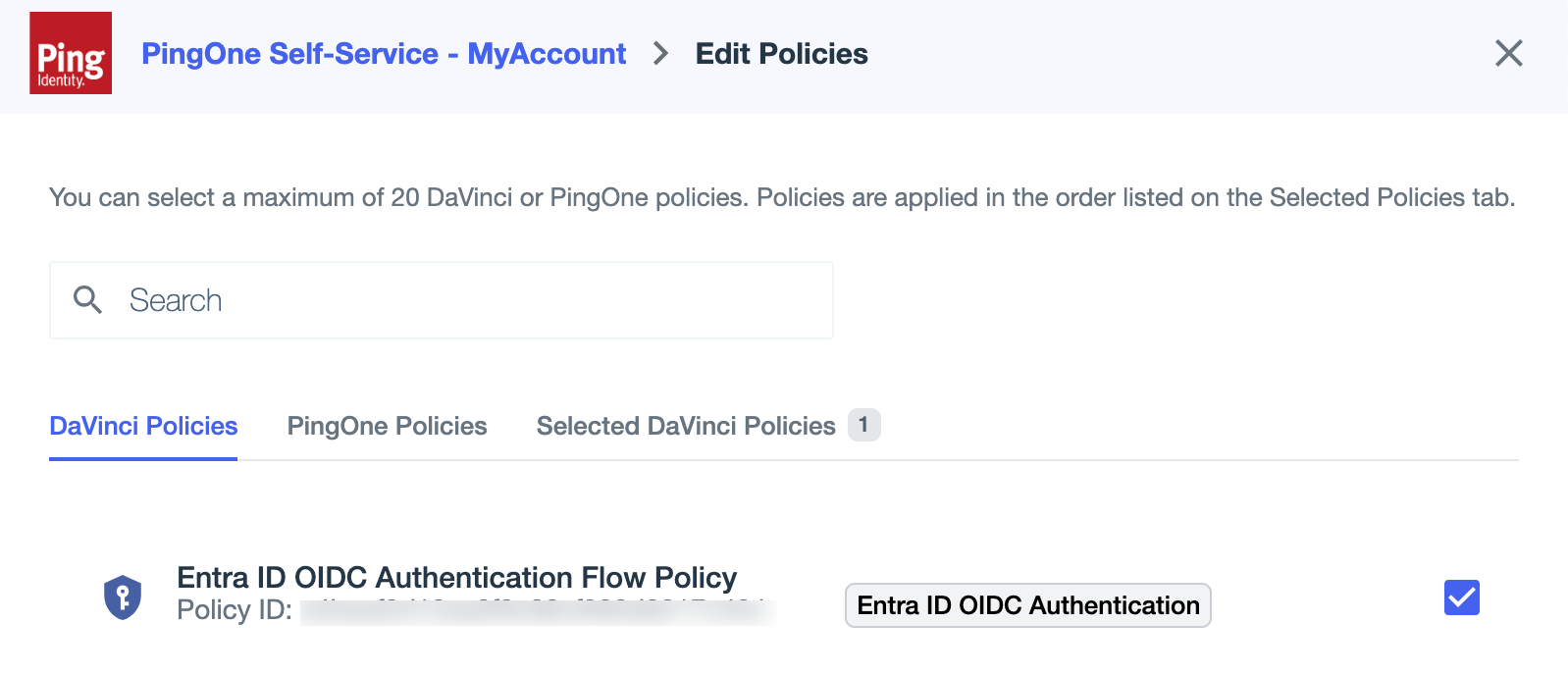 A screen capture of the Entra ID OIDC Authentication Flow Policy selected on the DaVinci Policies tab.