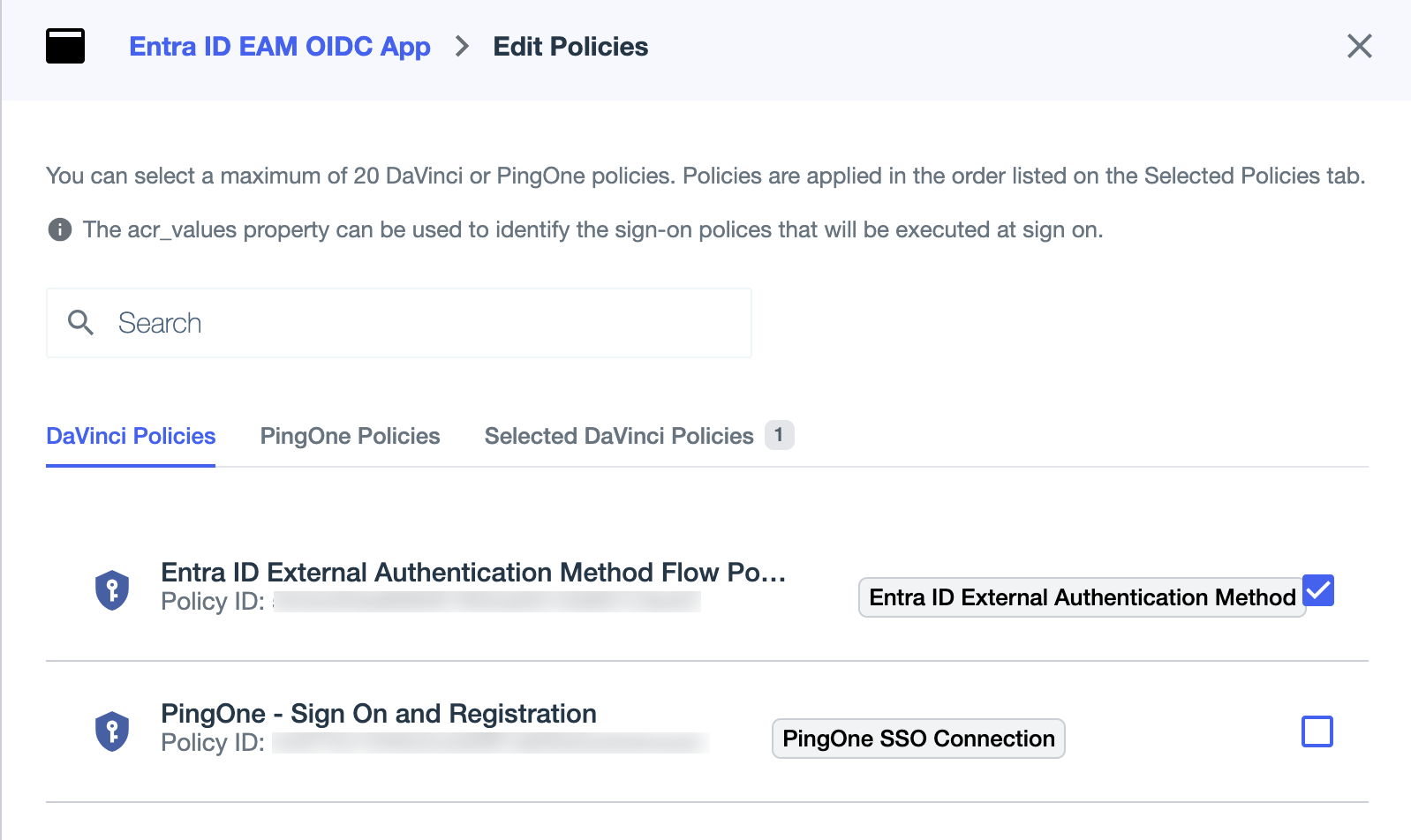A screen capture of the Entra ID External Authentication Method Flow Policy selected on the DaVinci Policies tab.