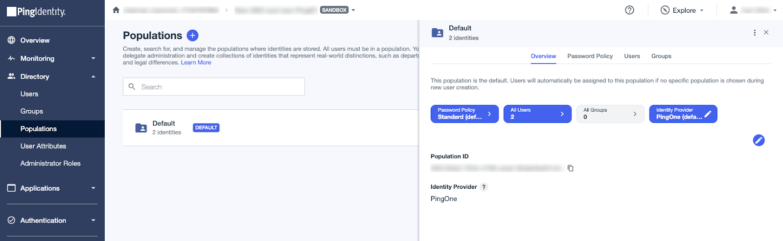 A screen capture of the Populations page with the Default population selected and the details panel showing.