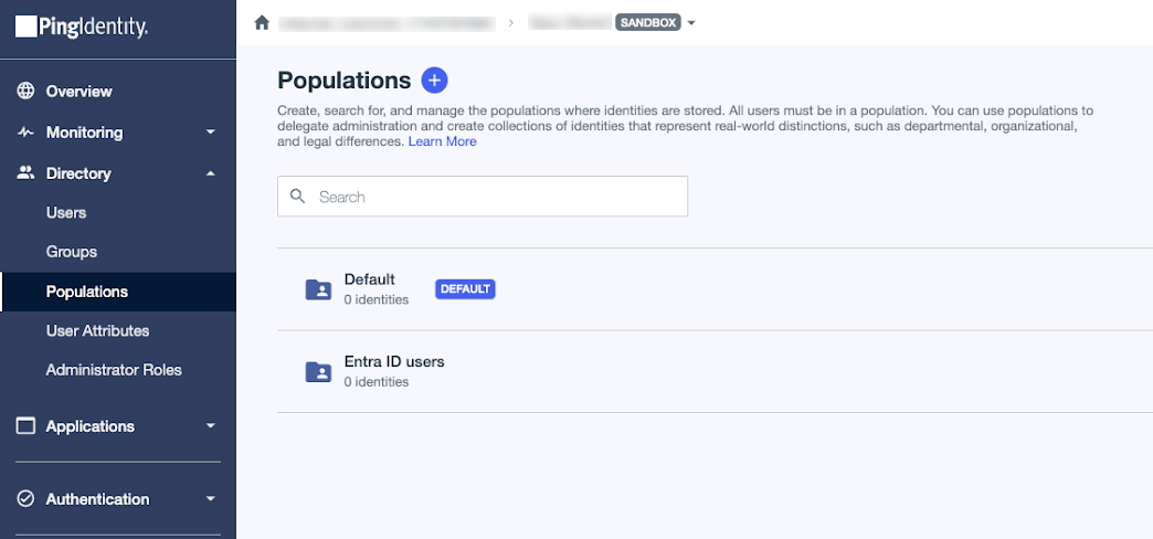 A screen capture of the Populations page with a Default and Entra ID population.