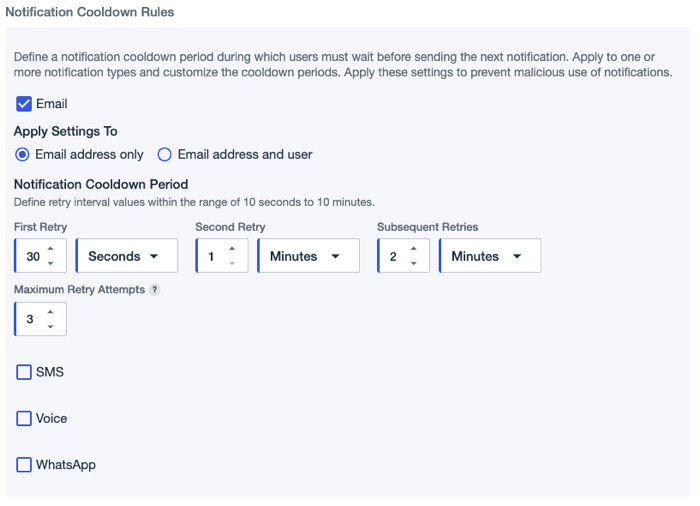Screen capture of notification policy configuration page showing notification cooldown options