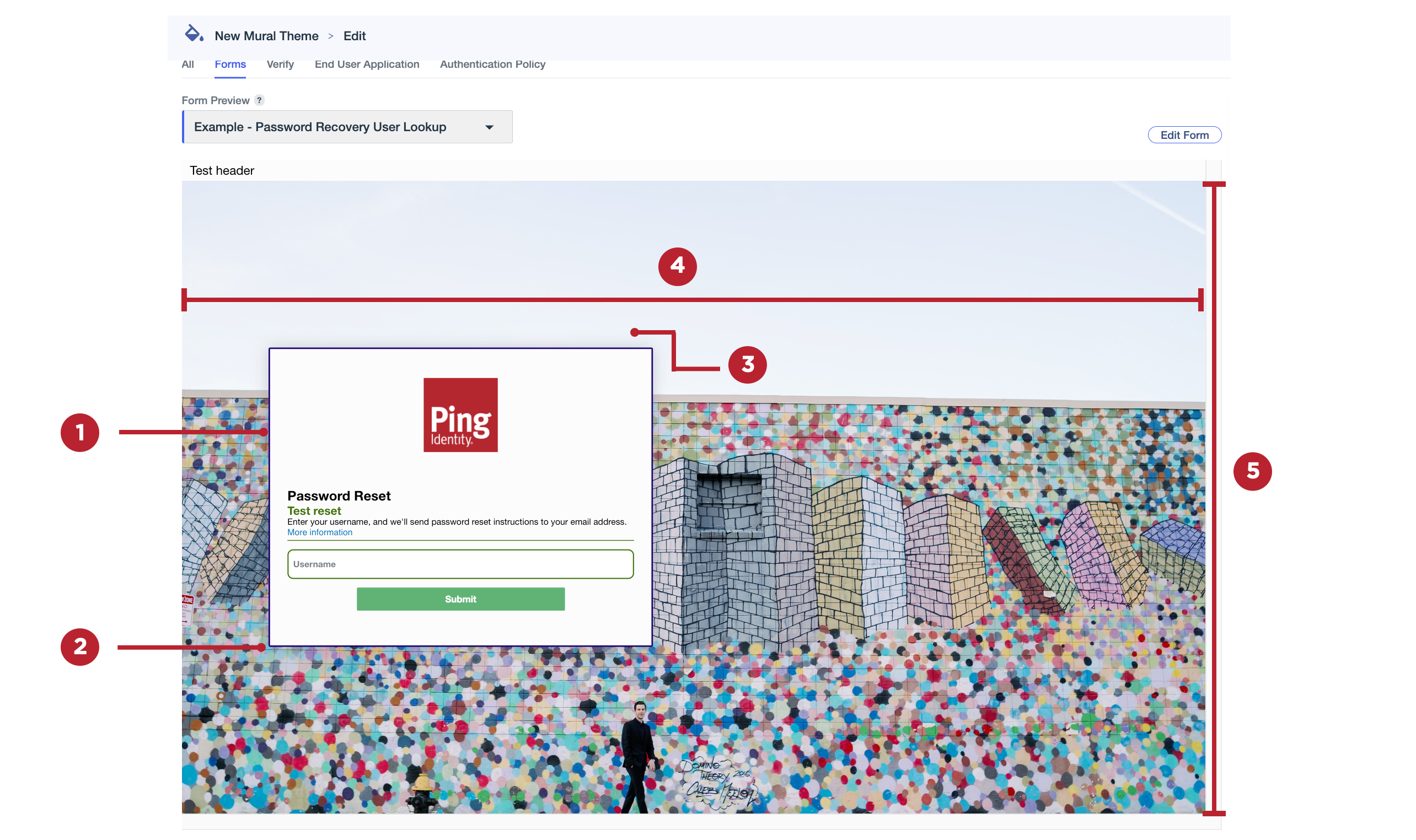 A screen capture of a form preview with callouts to show what each card setting applies to.