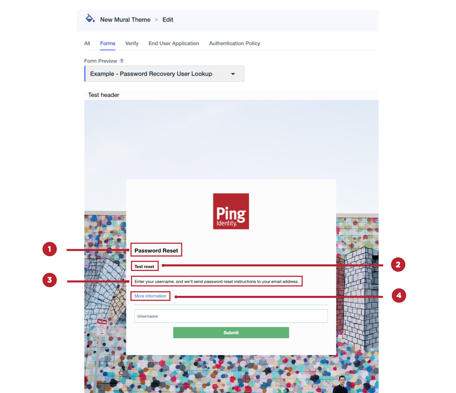 A screen capture of a form preview with callouts to show what each text setting applies to.