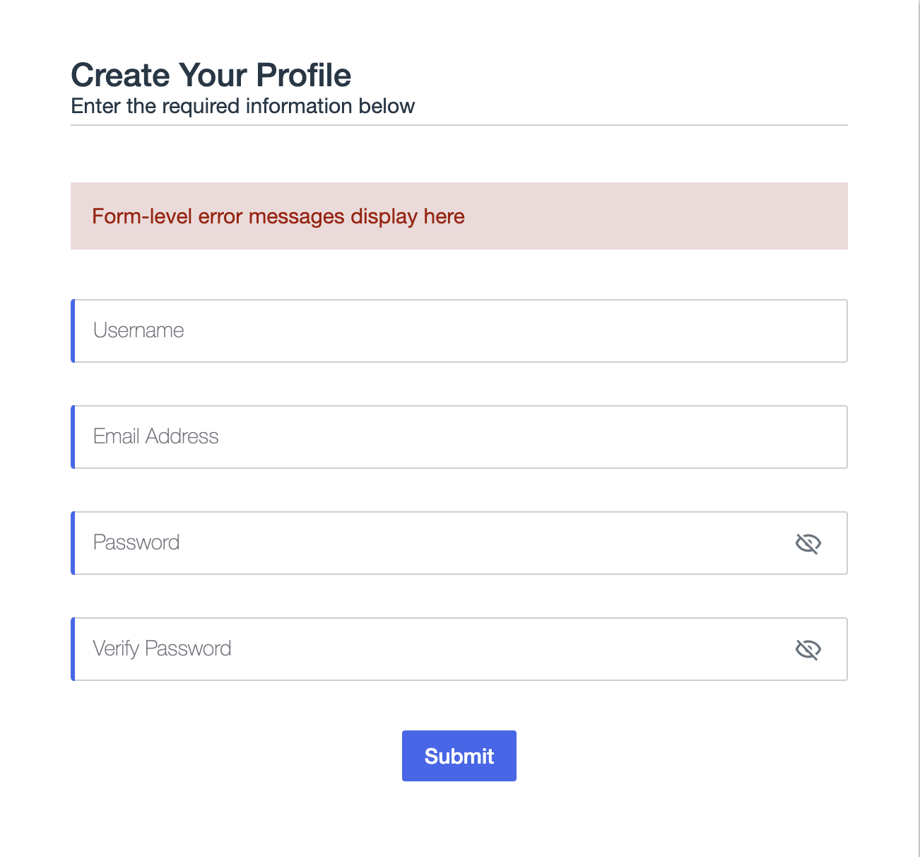 The Create Your Profile templated form.