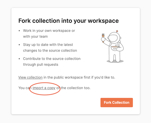 Screen capture of the screen that offers the options to either fork the collection or import a copy.