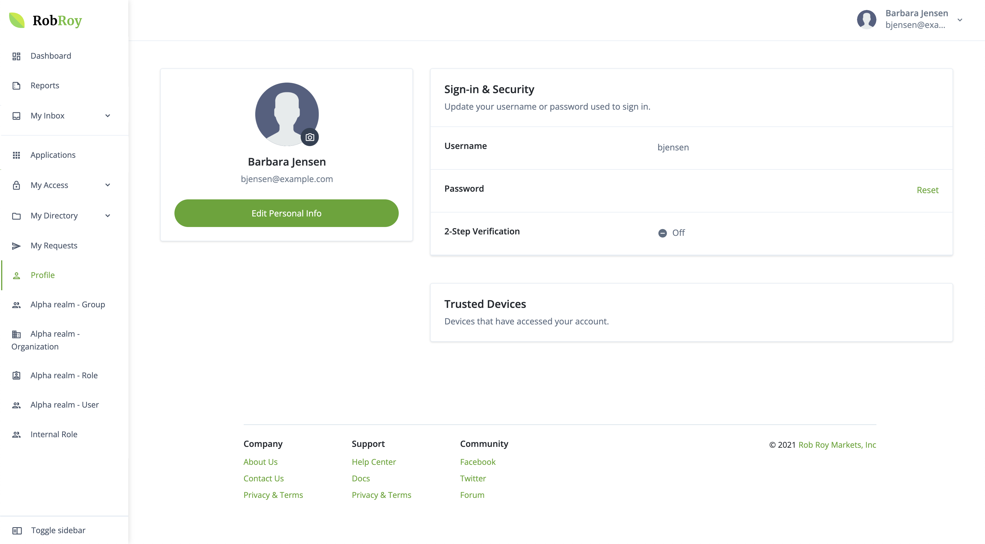 Hosted account profile page example with full menu