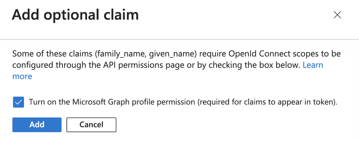 Add optional claim dialog box with Turn on the Microsoft Graph profile permission checkbox selected.