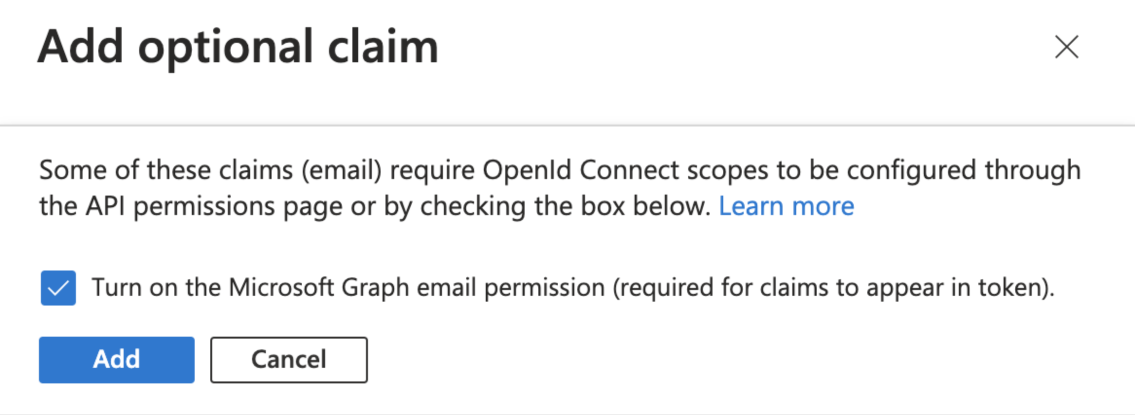 Add optional claim dialog box with Turn on the Microsoft Graph profile permission checkbox selected.