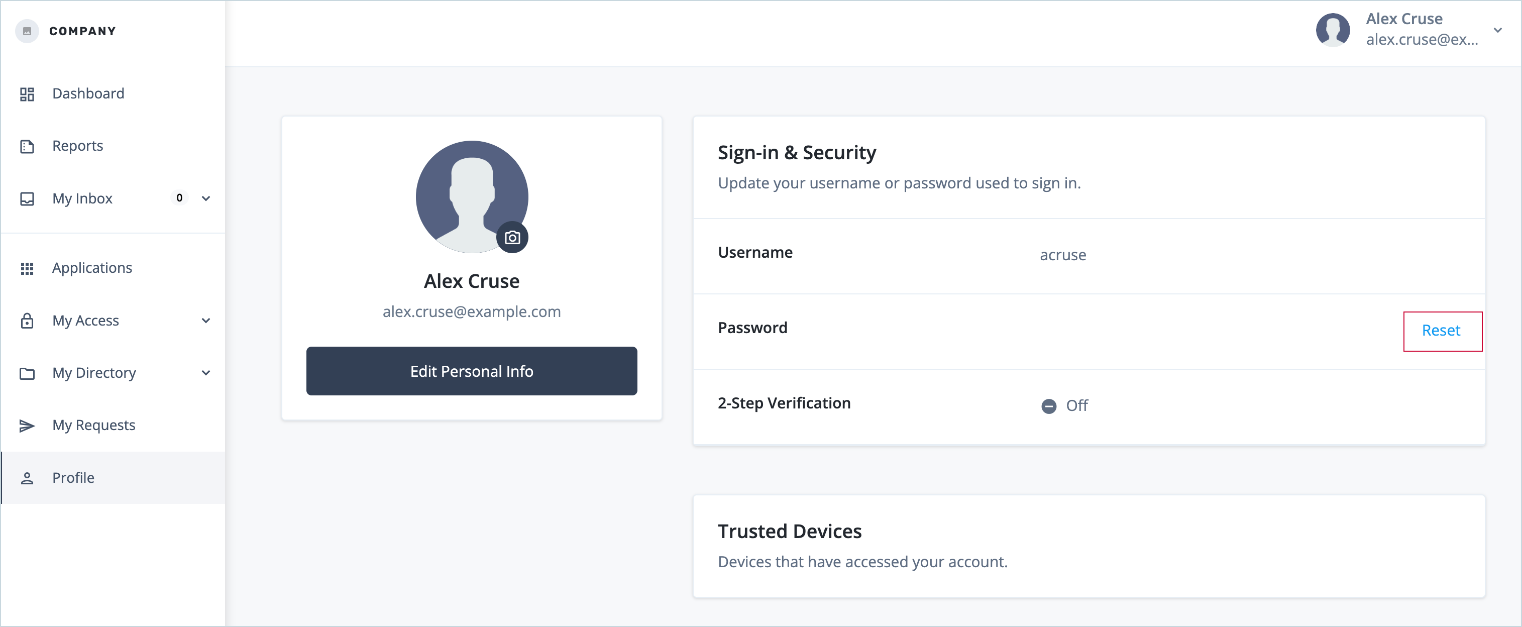 End User Profile Page with Reset Password link