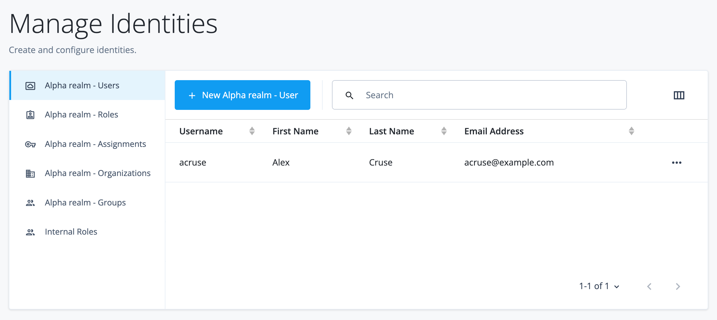 New user created in Manage Identities page