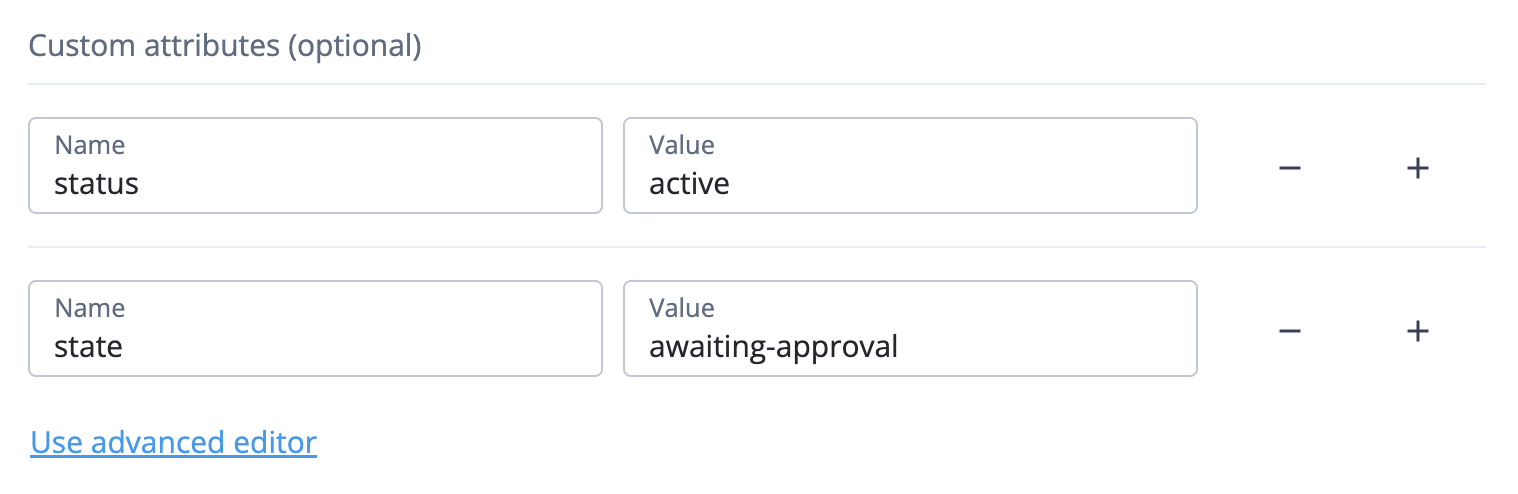 AI agent identity custom attributes basic editor showing two custom attributes: 'status': 'active' and 'state': 'awaiting-approval'
