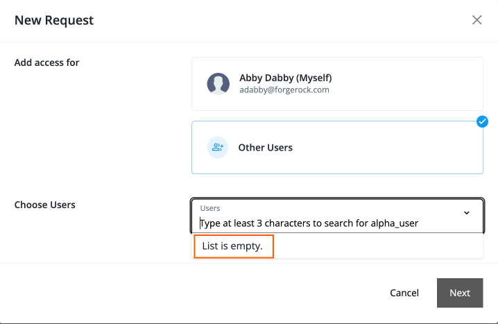 The new request access modal with other end users displaying List is empty.