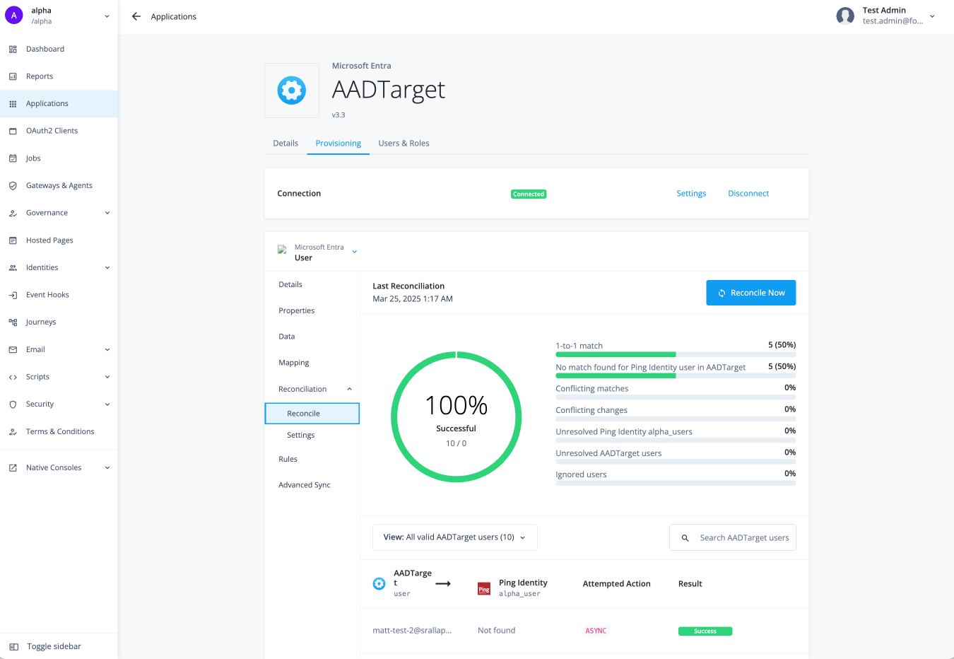 The application reconciliation page displaying a summary of successful and unsuccessful matches.