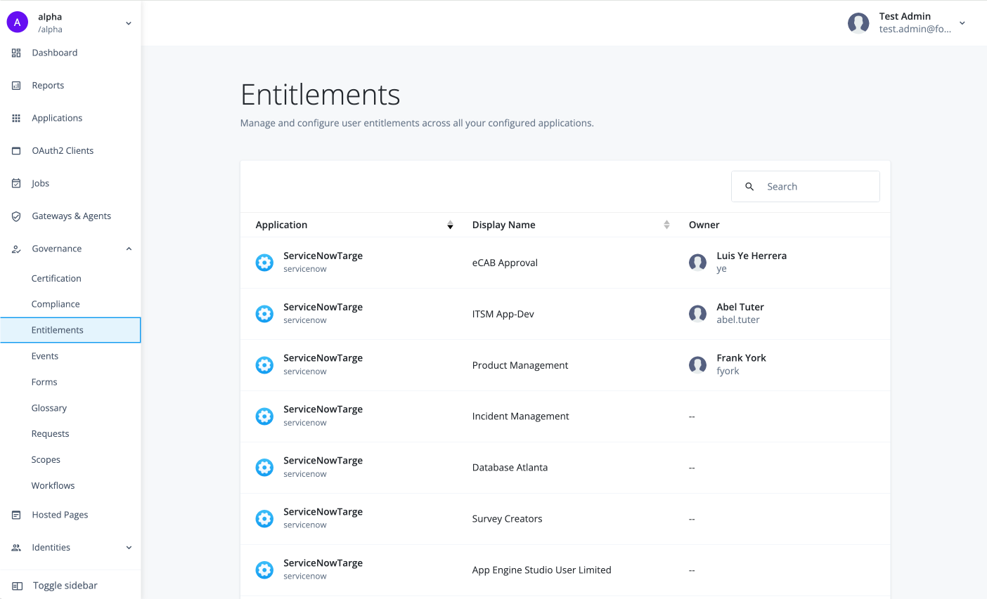UI example of the entitlements catalog