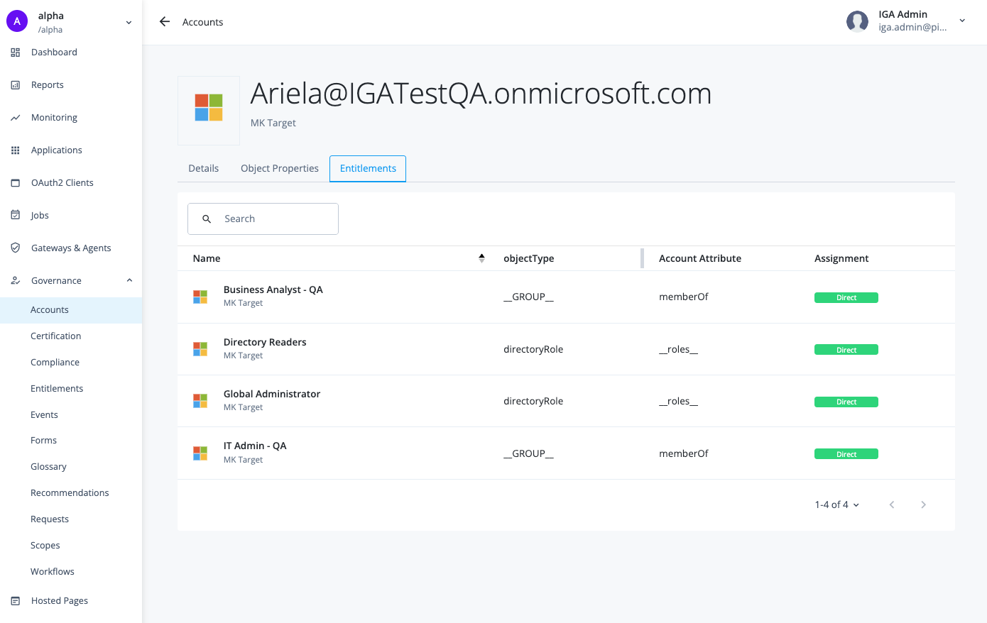 View the account’s entitlements
