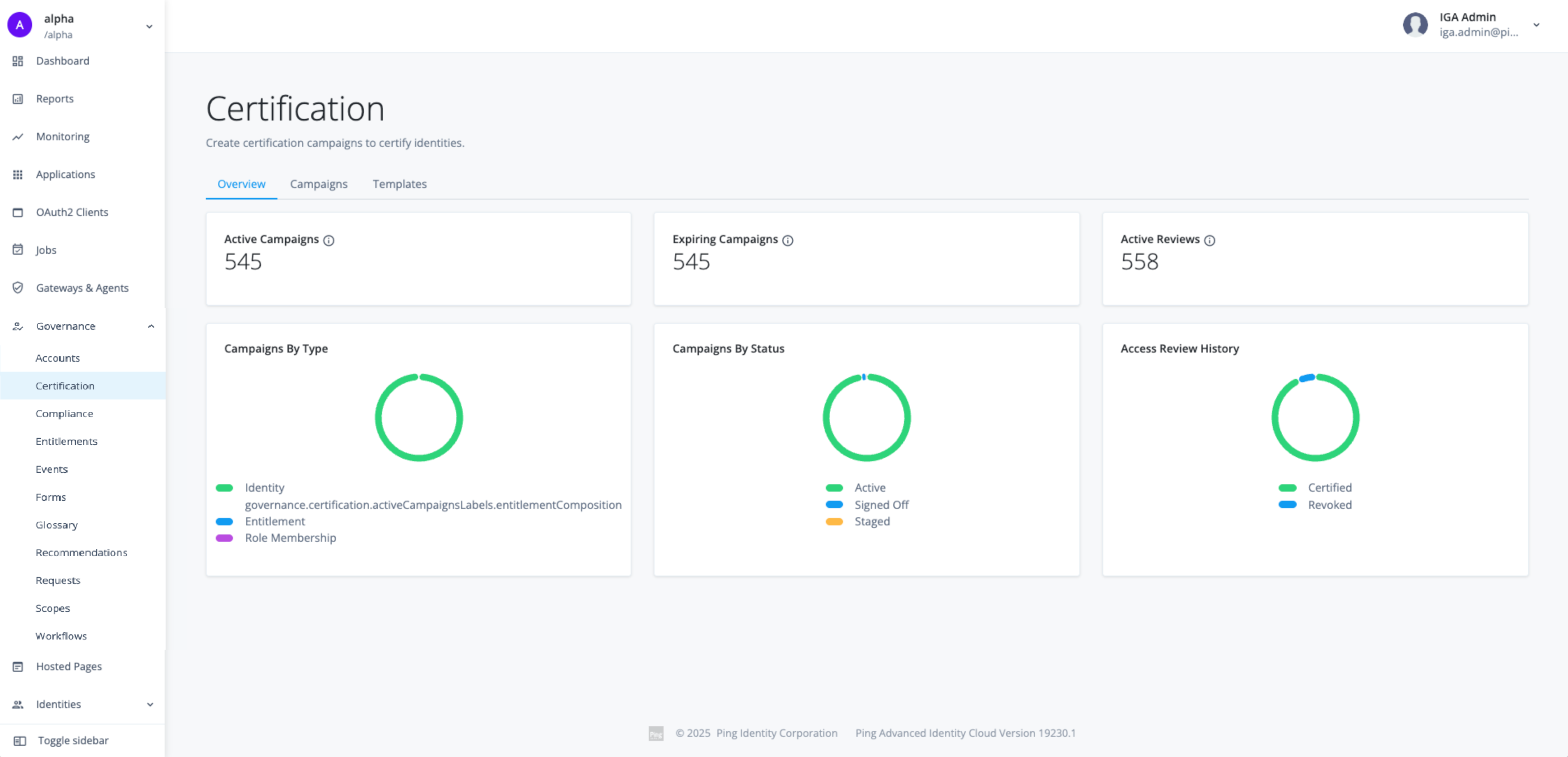 New IGA menu items appear in the left navigation pane of the Advanced Identity Cloud admin console.