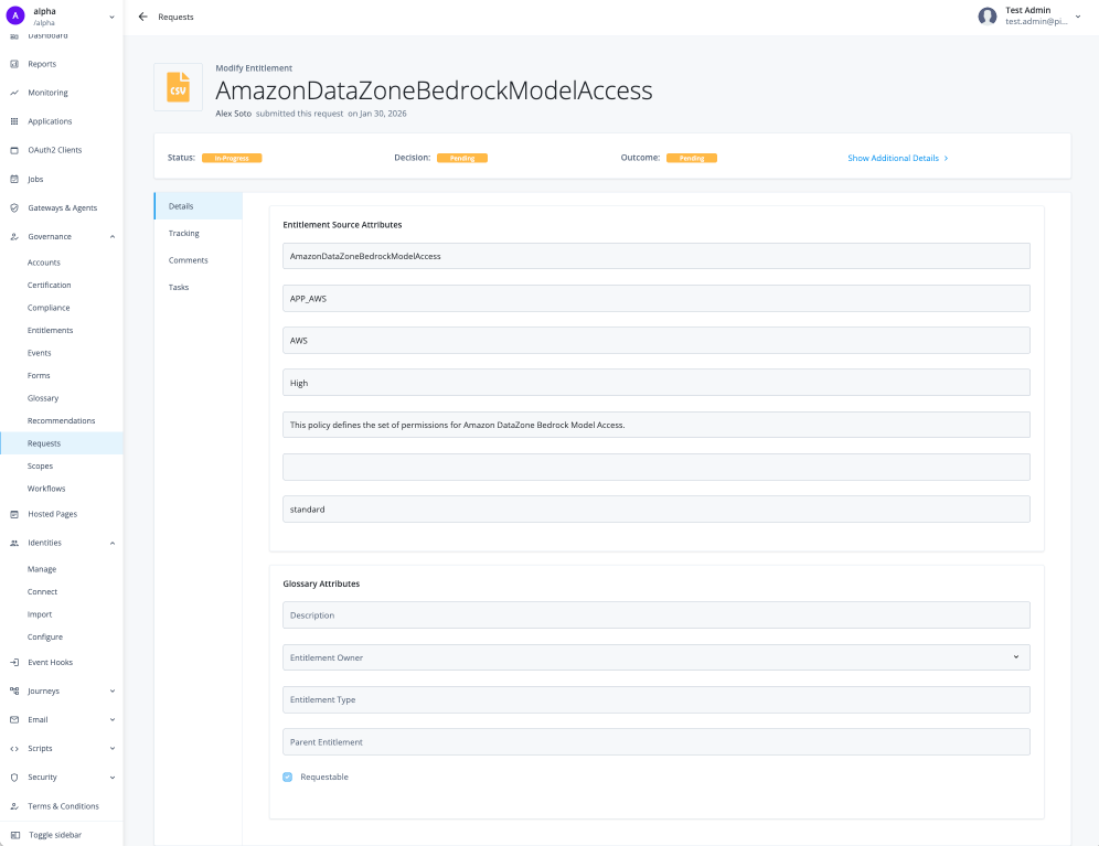 Governance request details when granting an entitlement.
