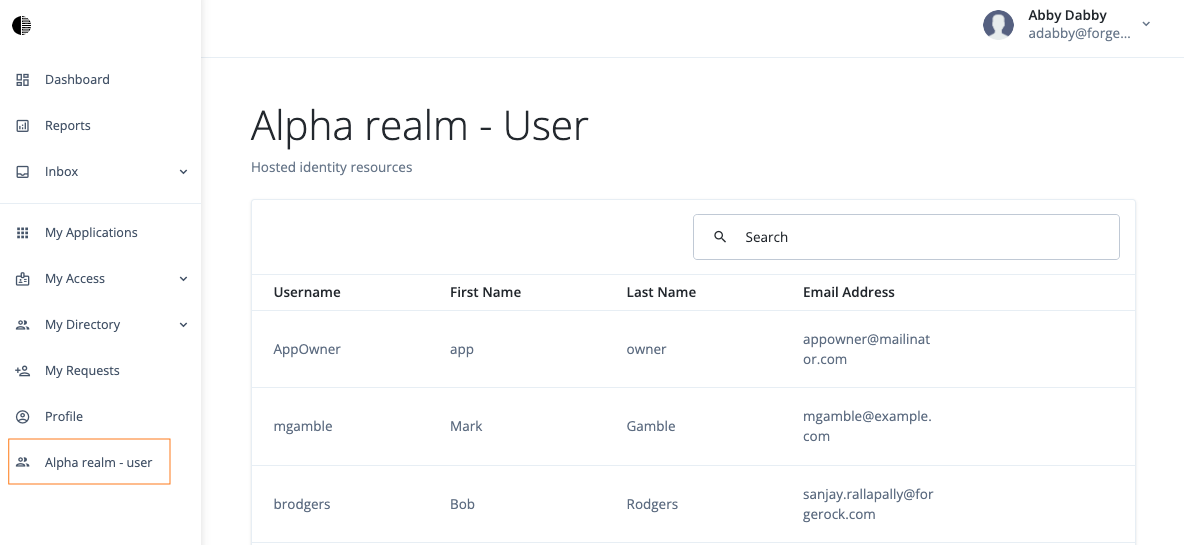 Alpha realm-user nav menu on hosted account page