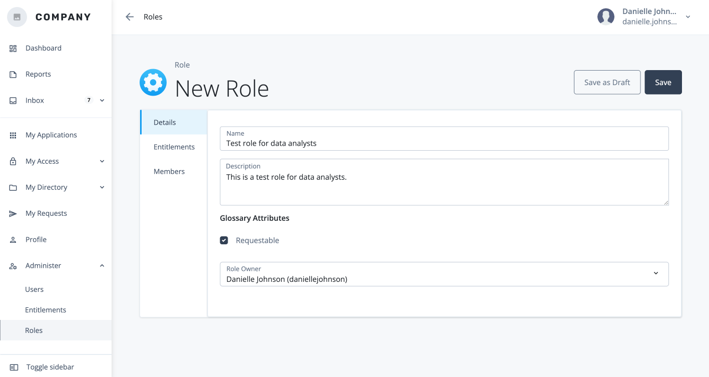Screen capture of the New role modal showing form fields for Name (required), Description, Requestable toggle switch, and Role Owner selector.