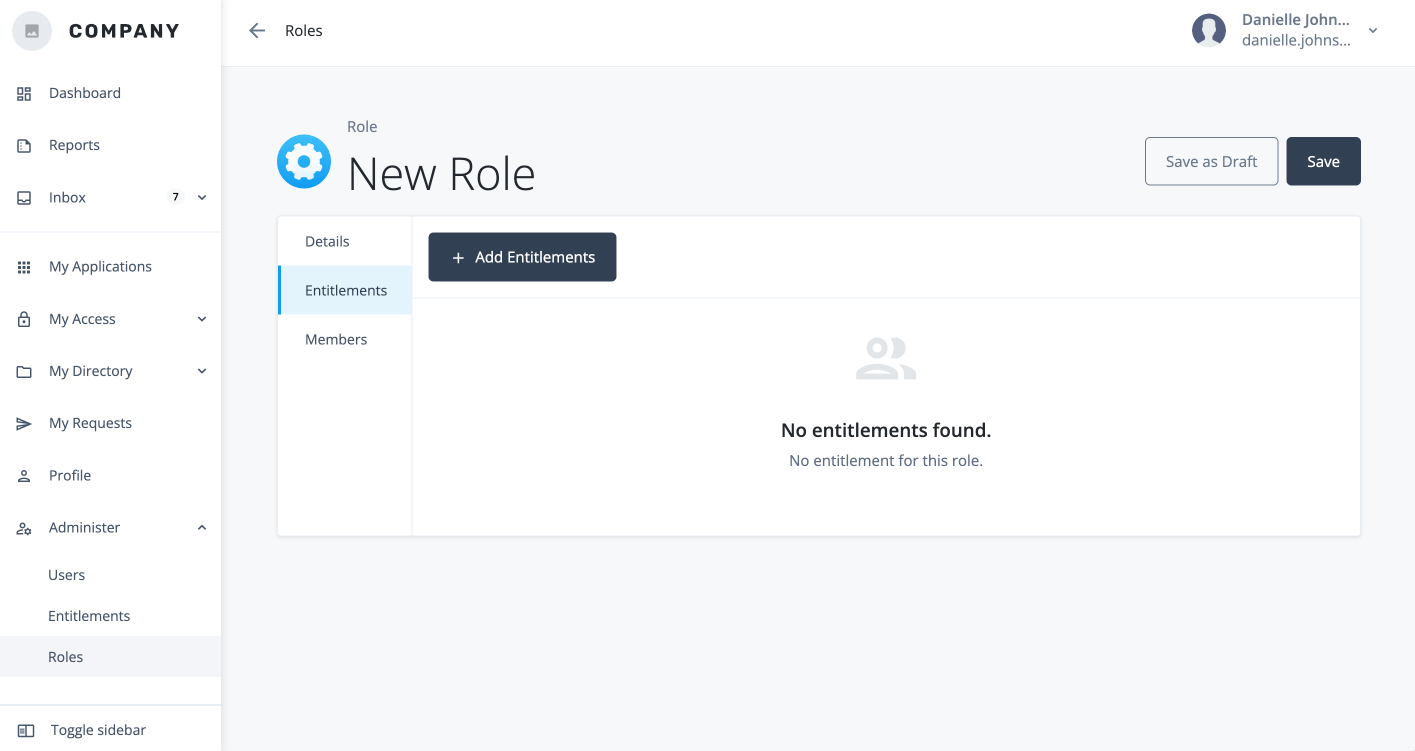 Screen capture of the role configuration page with Entitlements tab selected, showing an empty entitlements list and an Add Entitlements button.