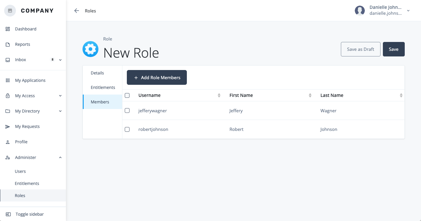 Screen capture of the role configuration page with Members tab selected, showing an empty members list and an Add Role Members button.