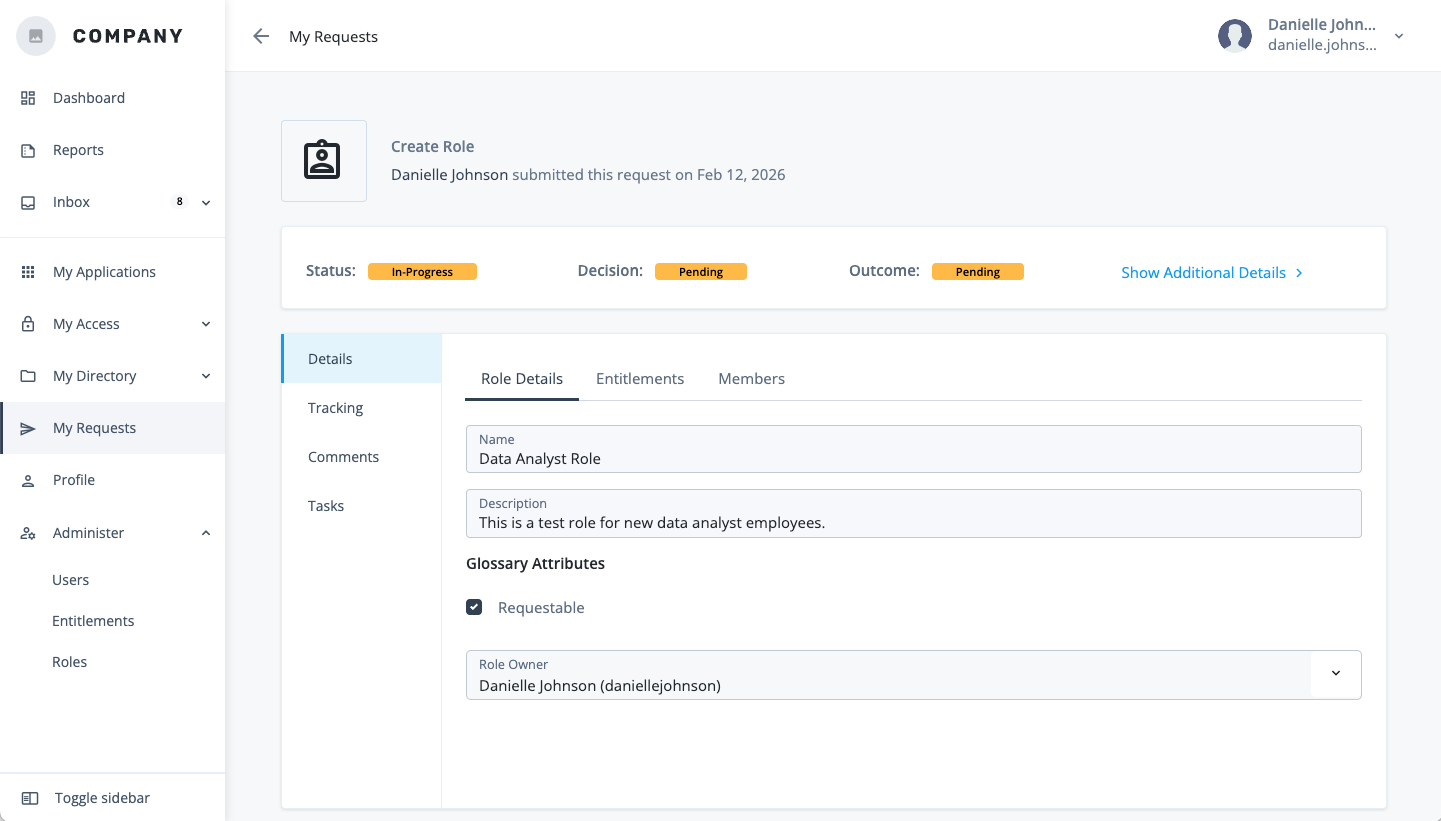 Screen capture of the change request details page showing request status, requester information, requested changes, and approval workflow status.