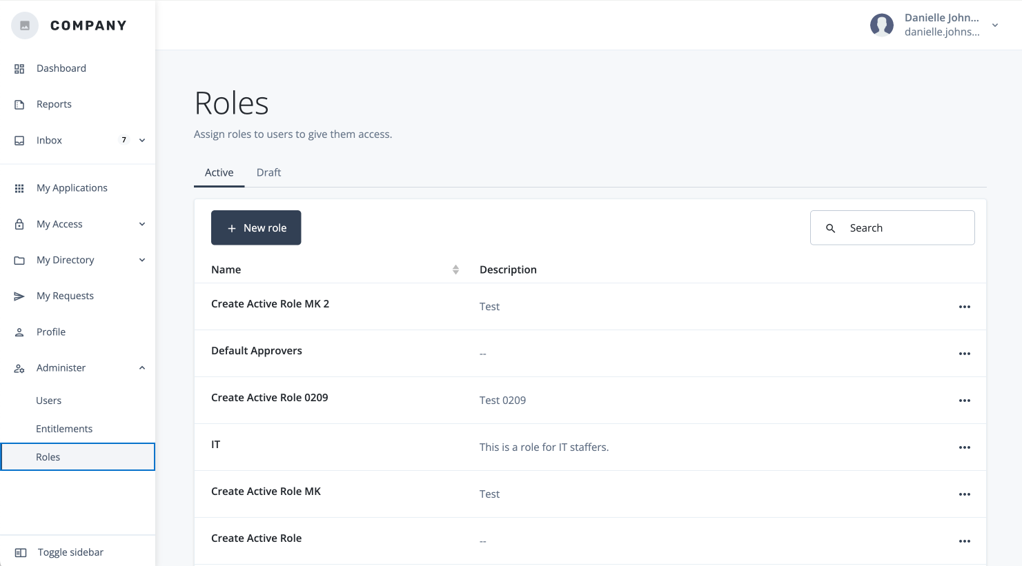 Screen capture of the Roles page showing a list of existing roles with a New Role button in the top right for creating a new role.
