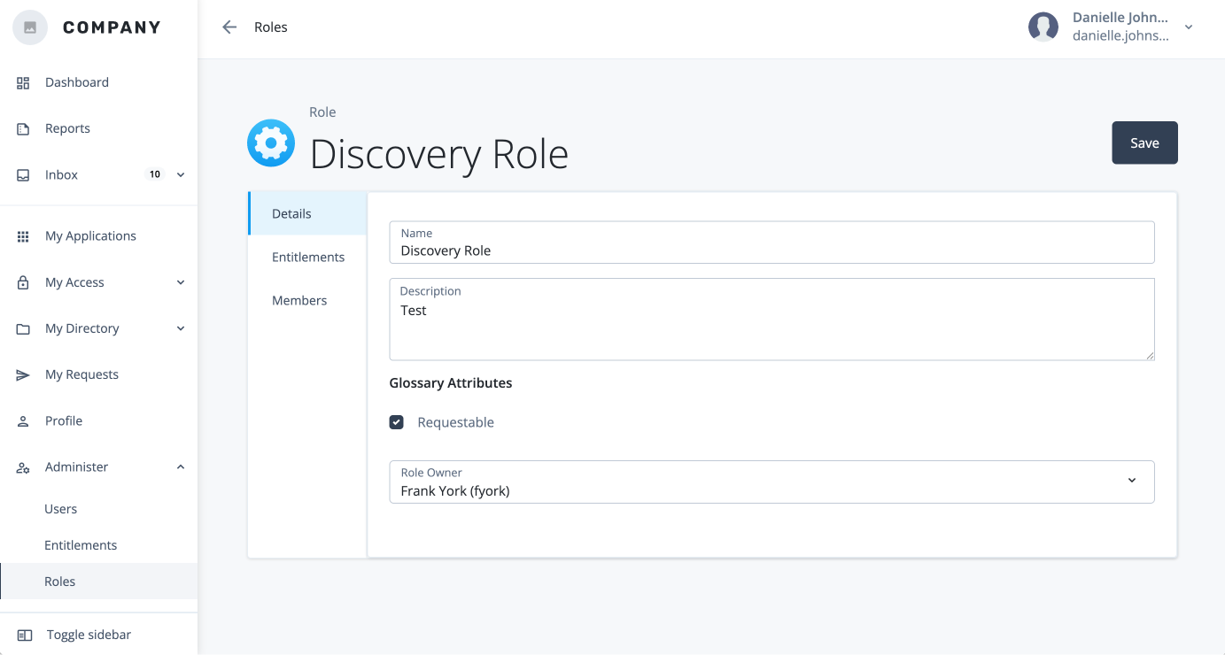 Screen capture of the role details page with Details, Entitlements, and Members tabs visible, showing editable fields for role properties and a Save button.
