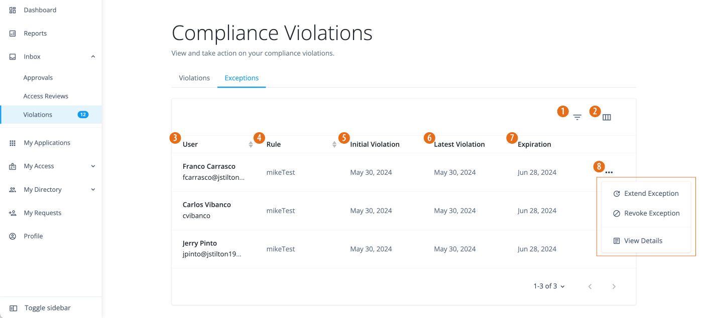 Identity Governance compliance exceptions - end user view