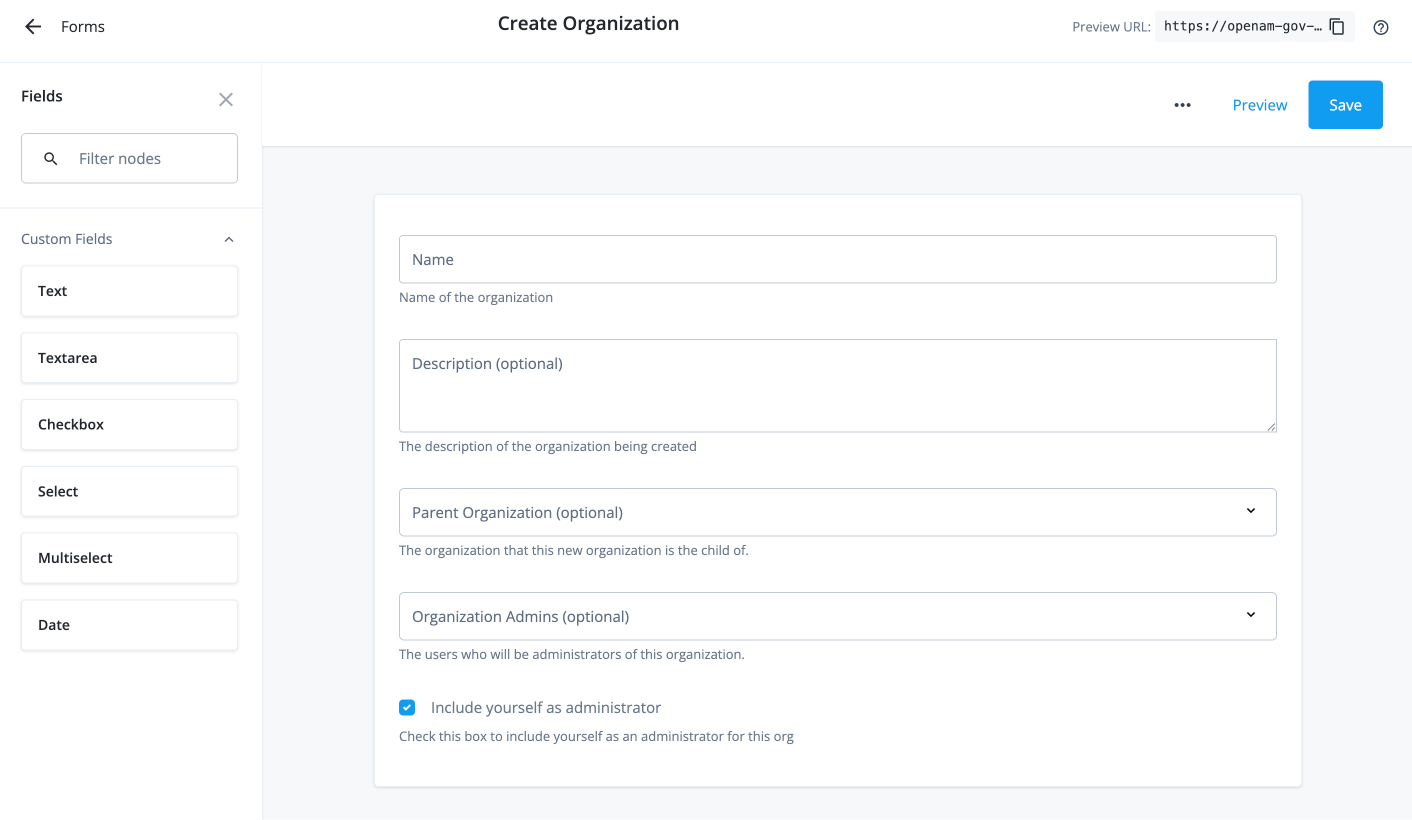 An example of a form for the Create Organization custom request type.