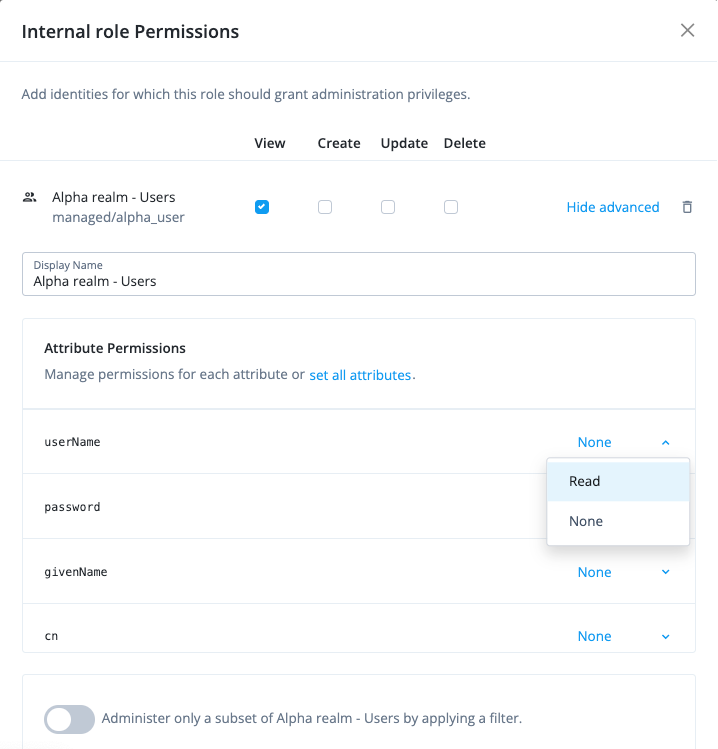 Internal role attribute permissions modal