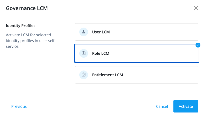 Screen capture of the Governance LCM modal with Role LCM option displayed and an Activate button to enable the feature.