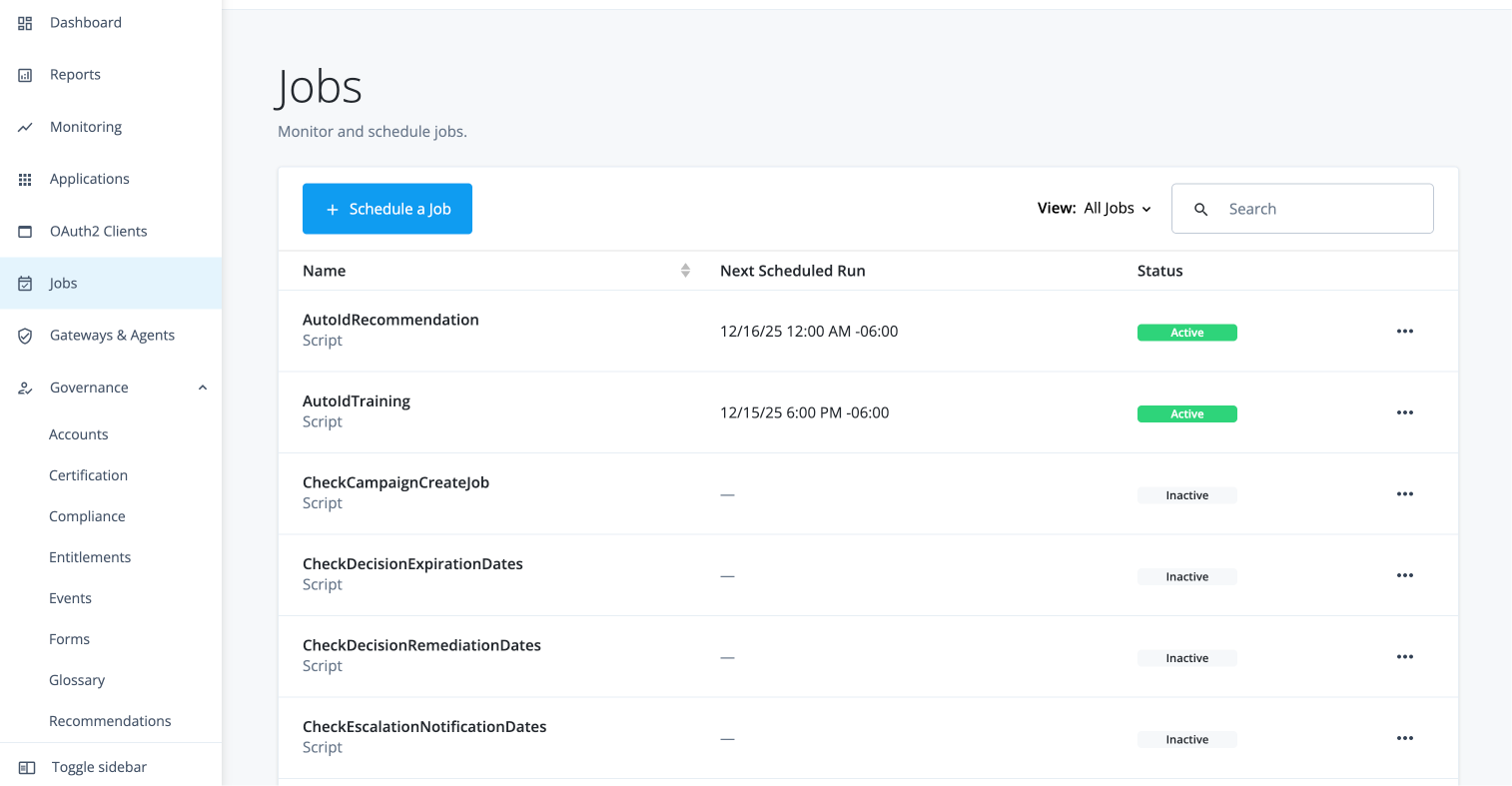 Governance recommendations run by two jobs on the Jobs page.