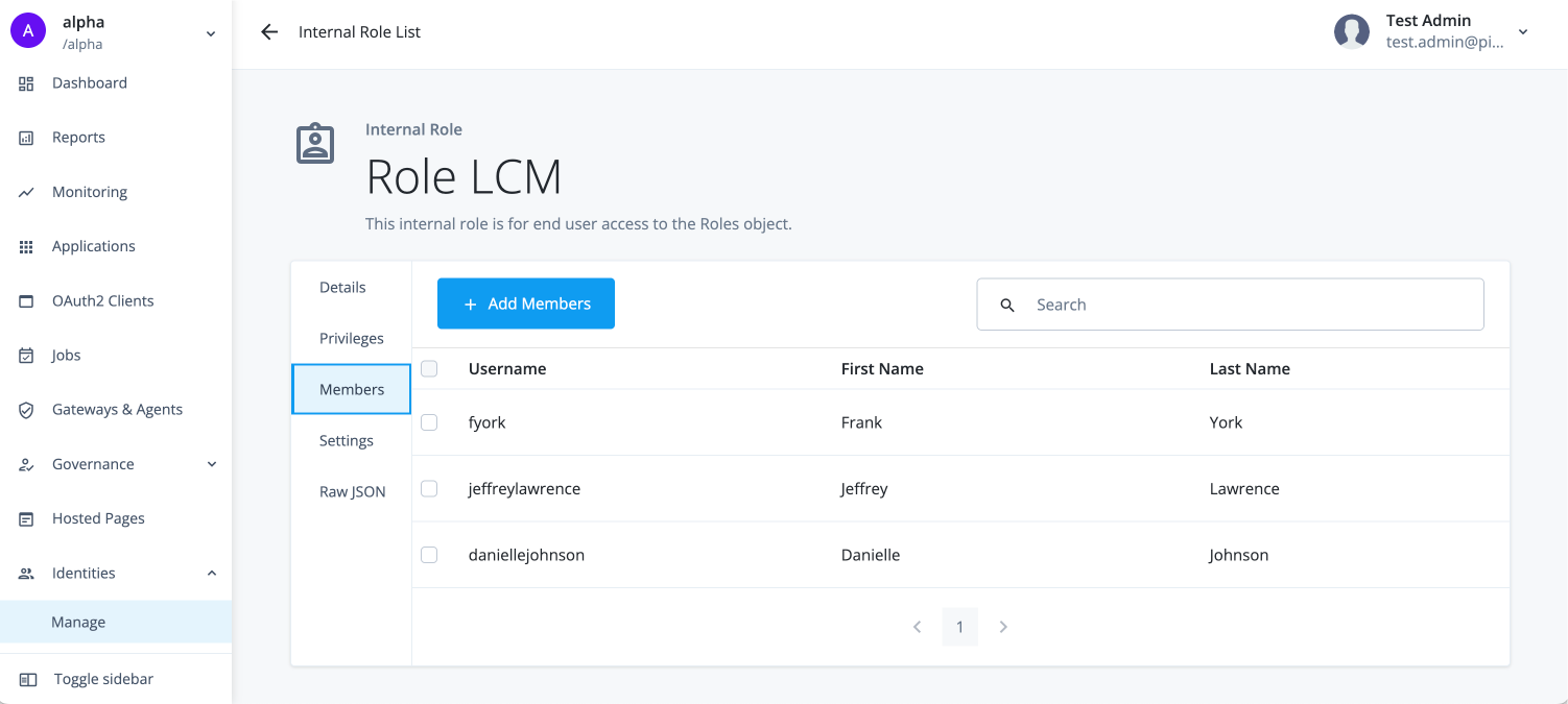 Screen capture of the Add Members modal showing a list of users with checkboxes for selection and a Save button to add selected users to the role.